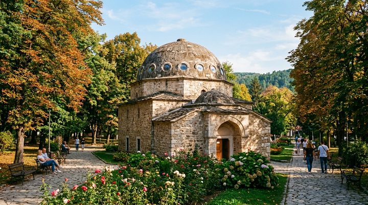 Kamena kupola i unutrašnji bazen turskog amama u Sokobanji sa parom i svetlosnim otvorima na krovu