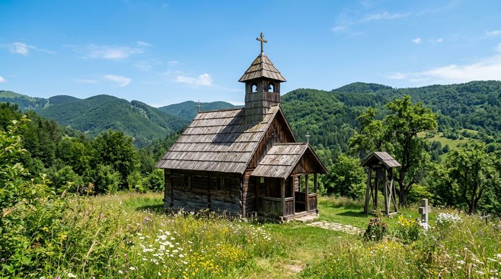 Pravoslavna crkva Svetog Ilije u Bačevcima građena od drveta i kamena na šumovitoj padini iznad Drine