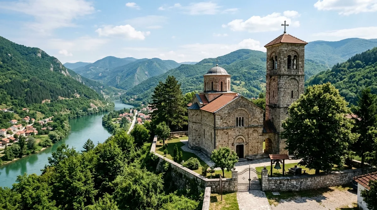 Pravoslavna crkva Rođenja Presvete Bogorodice u Višegradu na brdu sa kamenim zvonikom i pogledom na most na Drini