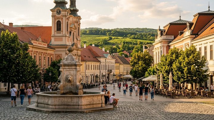 Barokni trg Branka Radičevića u Sremskim Karlovcima sa Česmom četiri lava i Sabornom crkvom