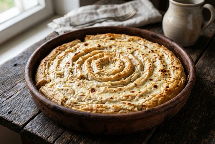 Tradicionalna vranjska samsa sečena na kocke i bogato prelivena belim lukom i kiselim mlekom u zemljanoj tepsiji