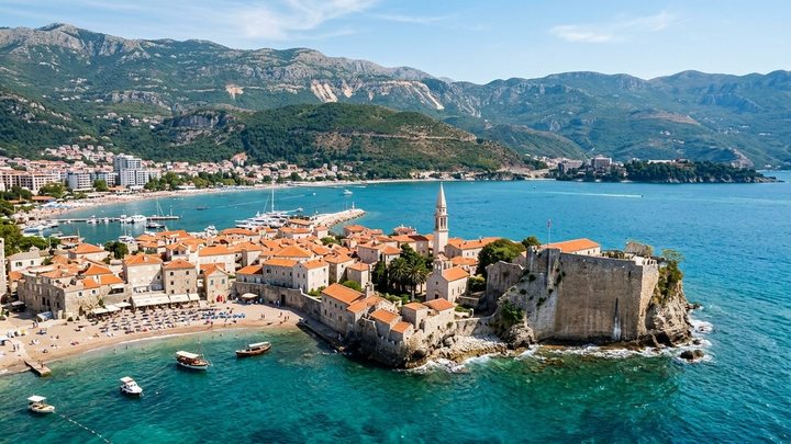 Pogled iz vazduha na utvrđeni stari grad Korčulu na poluostrvu sa kulama i Pelješkim kanalom