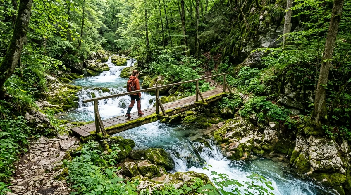 Termomineralni izvor Lađevac kako se u kaskadama preliva preko mahovinom obraslih stena u kanjonu Rače