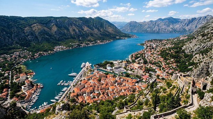 Uvala Žanjic na poluostrvu Luštica sa tirkiznim morem i ostrvom Mamula na horizontu