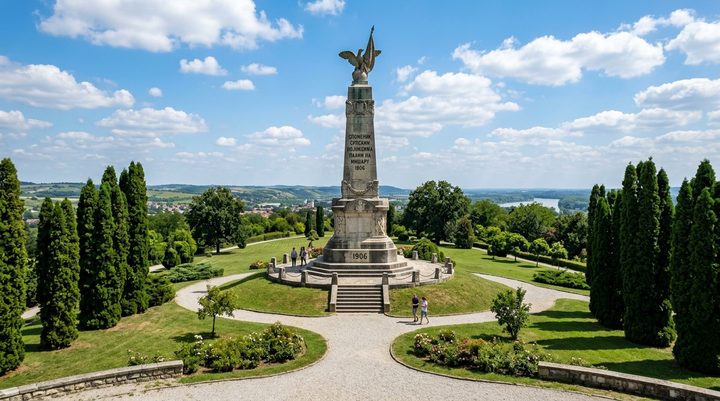 Spomenik na Mišaru u obliku kamenog obeliska sa dvoglavim orlom u uređenom memorijalnom parku