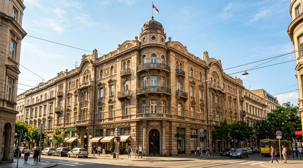 Ugaona secesijska fasada zgrade Oficirske zadruge u Beogradu sa kupolom, velikim lučnim prozorima i skulpturama
