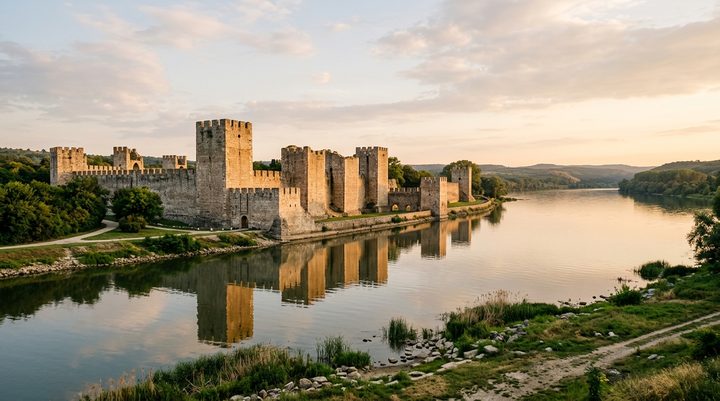 Moćne kamene kule Smederevske tvrđave na samoj obali Dunava u suton