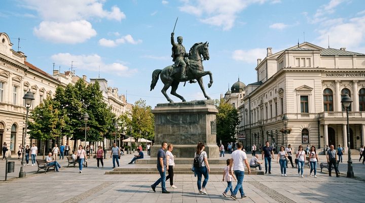 Bronzani Spomenik oslobodiocima Niša na Trgu kralja Milana sa konjanikom i reljefima u centru grada