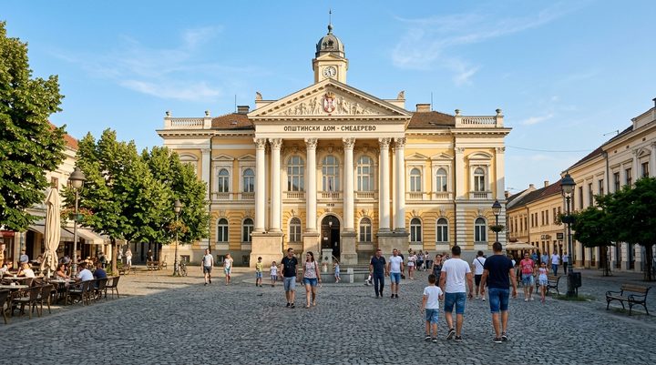 Zgrada Starog opštinskog doma u Smederevu na Trgu republike sa lukovima, kamenim reljefima i dekorativnim krovom