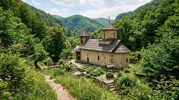 Manastir Pustinja ušuškan u gustoj šumovitoj klisuri reke Jablanice kod Valjeva
