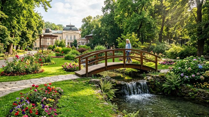 Centralni park u Vrnjačkoj Banji sa cvetnim lejama, mostićima i promenadom