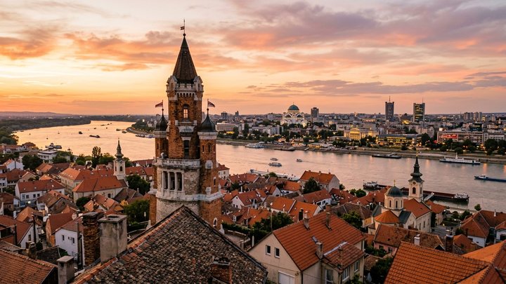 Pogled sa brda Gardoš na krovove Zemuna, Dunav i Milenijumsku kulu u pozadini