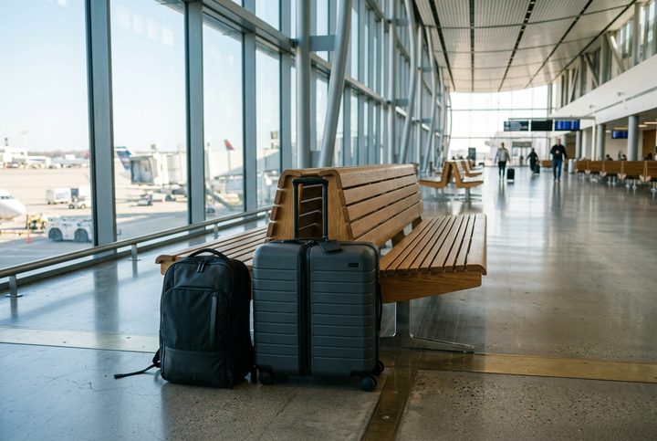 Tranzitni putnik trči aerodromskim terminalom posmatrajući informativnu tablu sa letovima za presedanje