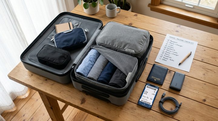 Otvoren kofer sa uredno složenim kompresionim kockama i telefon sa aplikacijom PackPoint